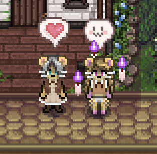 Two pixel art cream-colored mouse fursonae in cute dresses. Olivine on the left with green eyes, Many on the right with pink. Both are in neutral brown and beige fall-colored outfits, with Olivine's being a cute dress and Many's being a sweater vest situation, and no pants. Just fur.